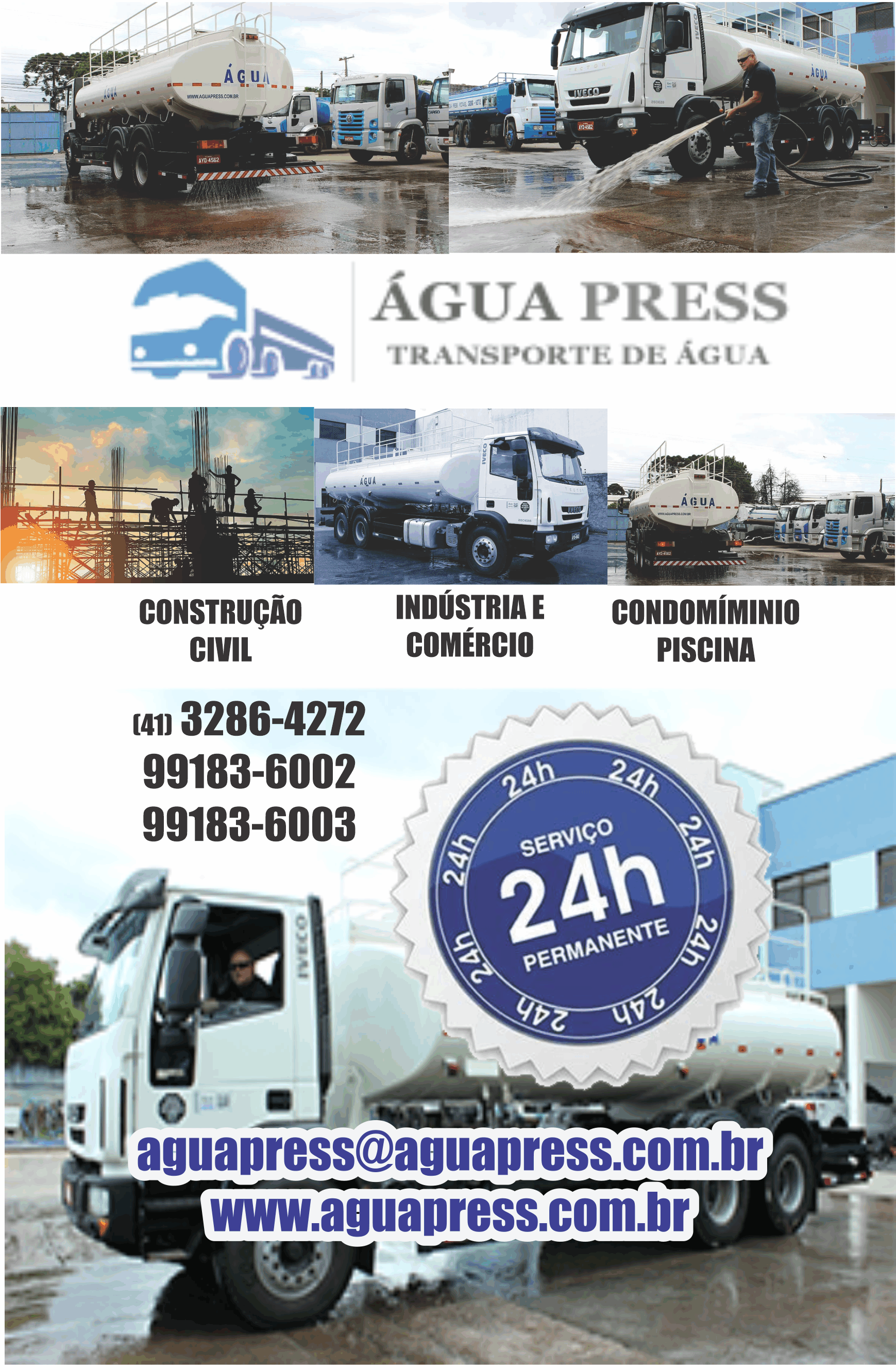 Água Press Transporte de Água      RUA DIOGO MUGIATTI, 1030, CURITIBA - PR  Fones: (41)99183-6002 / (41) 99183-6003
