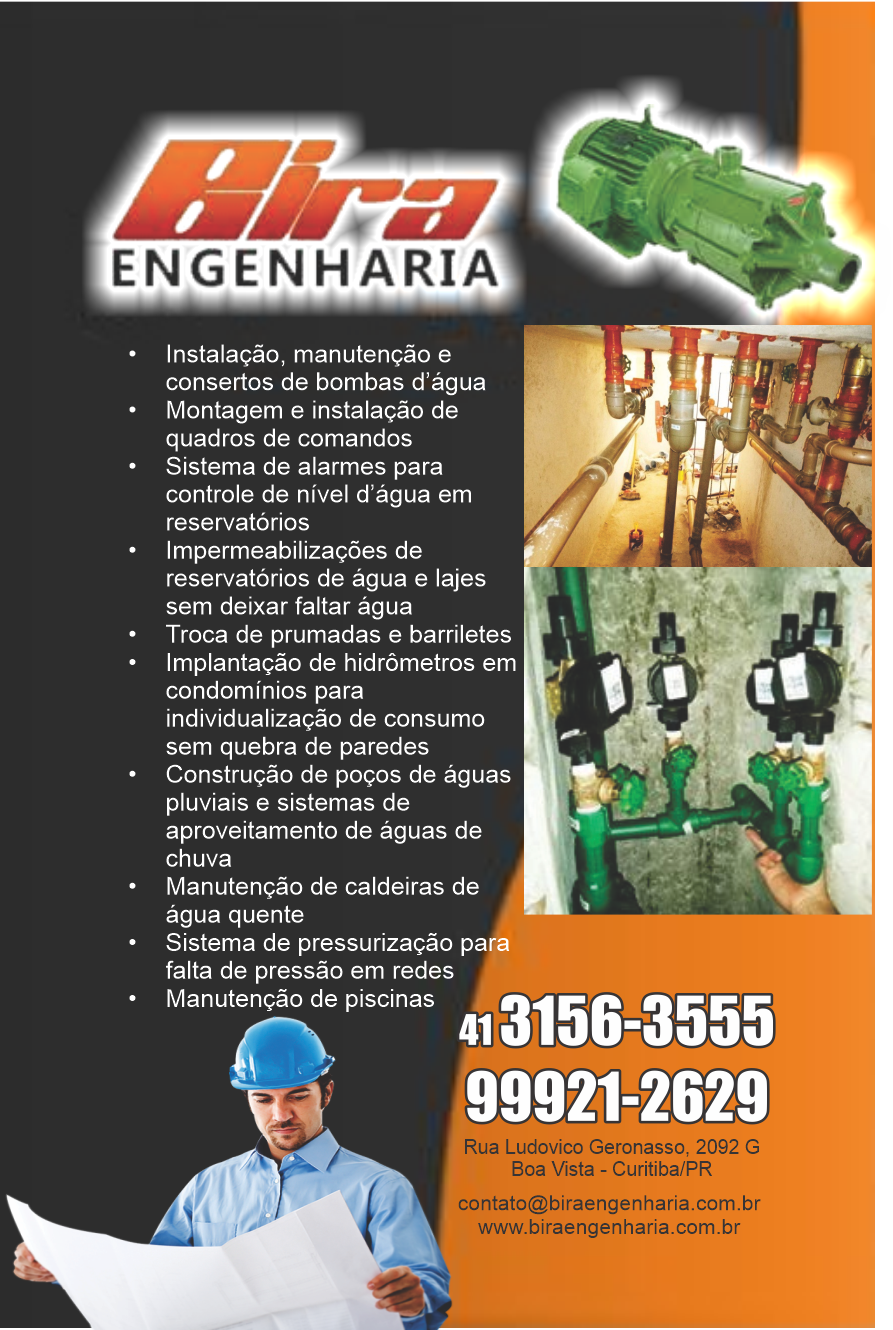 Bira Engenharia      RUA PROFESSOR GUILHERME BUTLER, 6, CURITIBA - PR  Fones: (41) 3156-3555 / (41) 99921-2629